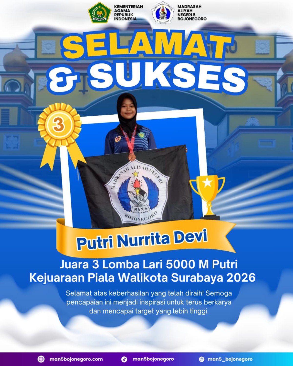 PUTRI NURRITADEVI Juara 3 Lomba Lari 5000 M Putri Kejuaraan Piala Walikota Surabaya Tahun 2026